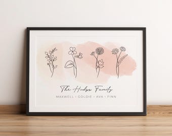 Arte floral personalizado, arte digital, regalo personalizado, dibujo lineal, Día de la Madre, acuarela floral, regalo de Navidad