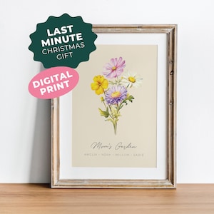 Bouquet di fiori per la famiglia con stampa digitale personalizzata, regalo personalizzato per la mamma, giardino della mamma, dipinto di bouquet personalizzato, regalo di nozze per coppia