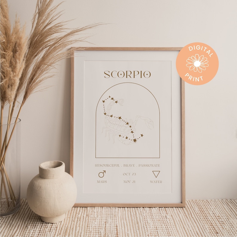 May include: A digital print of the Scorpio zodiac sign with a brown outline of the constellation and gold stars. The text "Scorpio" is at the top of the print. The dates "Oct 23 - Nov 21" are listed below the constellation. The text "Resourceful, Brave, Passionate" is listed above the dates. The symbol for Mars and the word "Mars" are listed below the dates. The symbol for water and the word "Water" are listed below the dates.
