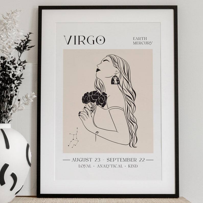 VIRGO POSTER, Virgo Print, Digital Print, Virgo Digital Wall Print, Neutral Wall Art Print, Zodiac Poster, Line Art, Modern Wall Art Print image 1