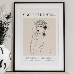 SAGITTARIUS POSTER, Sagittarius Print, Digital Print, Astrological Wall Art, Neutral Wall Art Print, Zodiac Poster, Line Art, Female Artwork