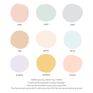 K&ouml;nnte beinhalten: Eine digitale Druckdatei-Farbkarte mit 10 verschiedenen Farbmustern. Die Farben sind: Rosa, Salbei, Grau, Braun, Beige, Blau, Lila, Orange und Pfirsich. Die Datei ist auf A3 (11 x 16 Zoll) eingerichtet, kann aber in jeder Gr&ouml;&szlig;e gedruckt werden.