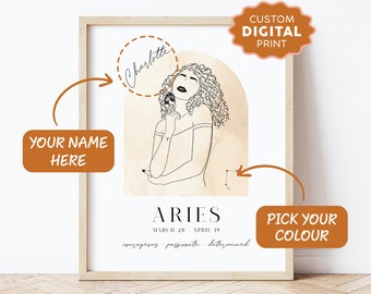 PERSONALISED ZODIAC Sign Poster, Aries Poster, Custom Digital Print, Zodiac Poster, Line Art, Custom Star Sign Line Art Poster Print, Art