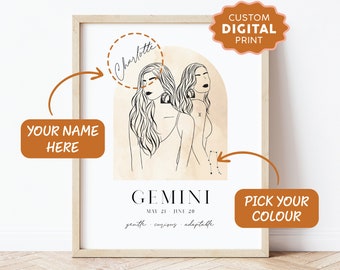 PERSONALISED ZODIAC Sign Poster, Gemini Poster, Custom Digital Print, Zodiac Poster, Line Art, Custom Star Sign Line Art Poster Print, Art