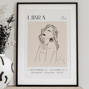 LIBRA POSTER, Libra Print, Digital Print, Astrological Wall Art, Neutral Wall Art Print, Zodiac Poster, Line Art, Birthday Gift for Her, Art