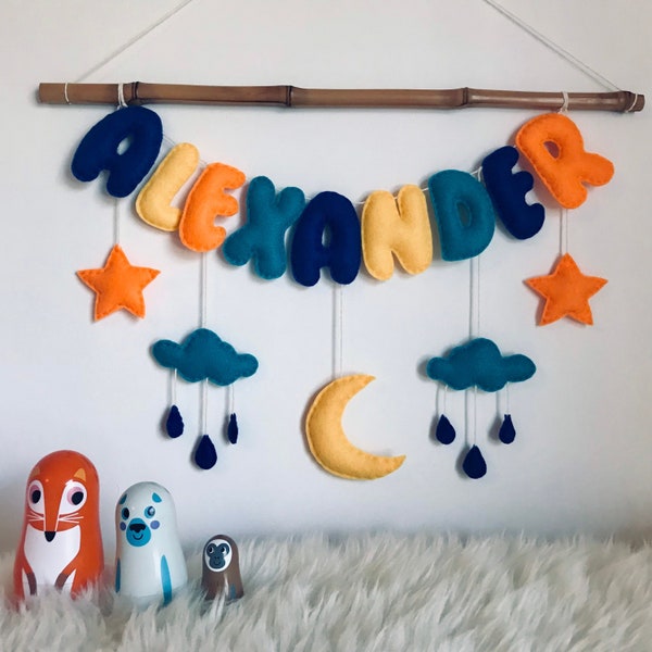 Custom Felt Cloud Wall Mobile. Bright Colourful personalized rainbow Decoration Nursery Decor, Child's Bedroom.