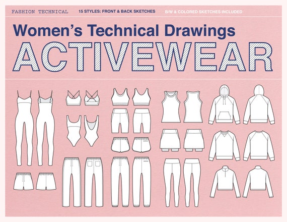 Women's Technical Drawings Activewear B/W & Colored Vector Sketches 