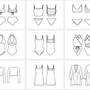 Flat Technical Drawings Women's Beachwear 18 B/W & Colored Vector ...