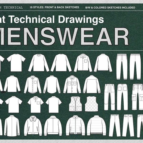 Flache technische Zeichnungen - Menswear (18 s/w & farbige Vektorskizzen)