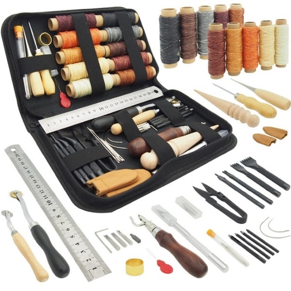 Leather Working Tools Professional Leather Craft Kit for Beginners Thread Groover Awl Stitching Punch Leathercraft - FREE Shipping