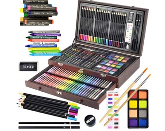 145 Pcs Deluxe Art Set, Drawing Kit, Crayons, Oil Pastels, Colored Pencils, Watercolor Cakes Sketch Pencils Paint Brush Sharpener Wooden Box