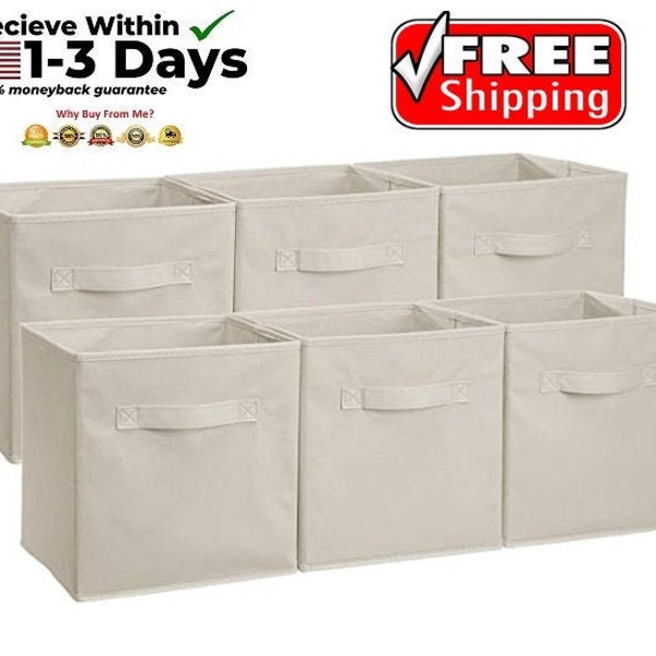 Collapsible Fabric Storage Cubes Organizer with Handles Craft Storage Tool Storage Storage Bins Fabric Hobby Bin Basket Box Beige Pack of 6