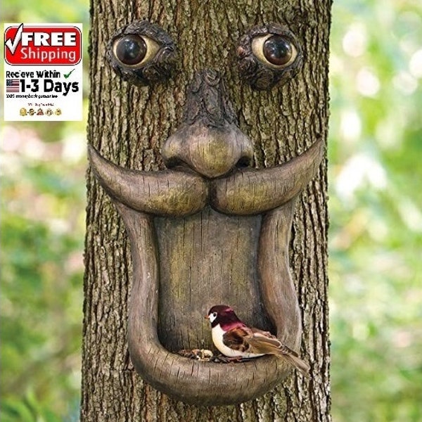 Tree Face Bird Feeder, Fun Old Man Tree Sculpture, Back Yard Art, Garden Decoration Wild Birdfeeder Bird Food Funny Decor Outdoor Sculpture