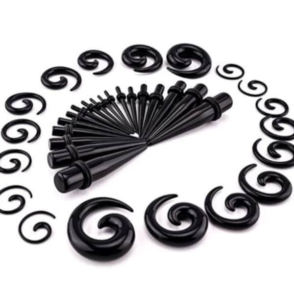 Black Ear Gauging Kit Spiral Tapers Gauge with Plugs Spiral Ear Stretching Kit Set Eyelet Tunnels Plugs (54 PCS) 14G-00G Ear Stretching Size