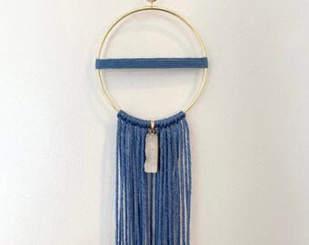 Blue Modern Dreamcatcher with Crystal - 4" Gold Minimalist Wall Hanging- Boho Yarn Dreamcatcher with Crystal Geode Charm