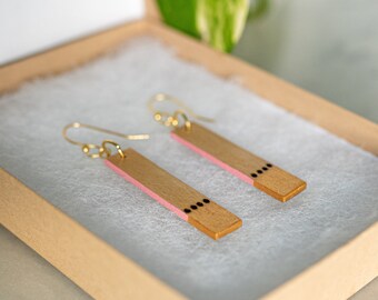 Handcrafted Wooden Jewelry - Poplar, Gold, + Pink Edge Bar Earrings