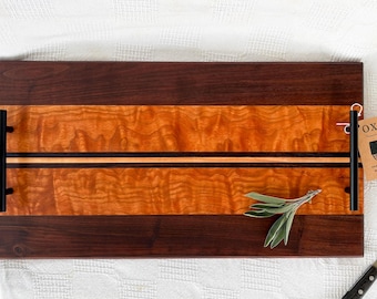 Handcrafted Unique Striped Cherry, Maple, Walnut Serving Tray - 23" x 12" with Handles