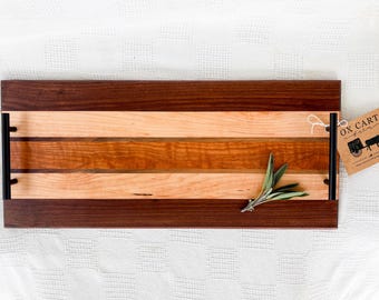 Handcrafted Unique Striped Cherry, Maple, Walnut Serving Tray - 24.5" x 10.5" with Handles
