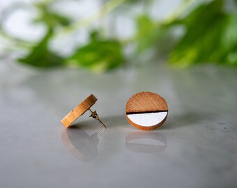 Handcrafted Wooden Jewelry - Oak + White Bottom Half Circle Studs