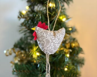 Handmade Stuffed Chicken Christmas Holiday Ornament, Farmhouse Homestead Decor