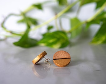 Handcrafted Wooden Jewelry - Oak + Gold Bottom + Sides Circle Studs