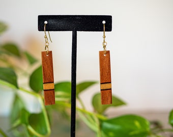 Handcrafted Wooden Jewelry - Longer Cherry + Gold Stripe Earrings