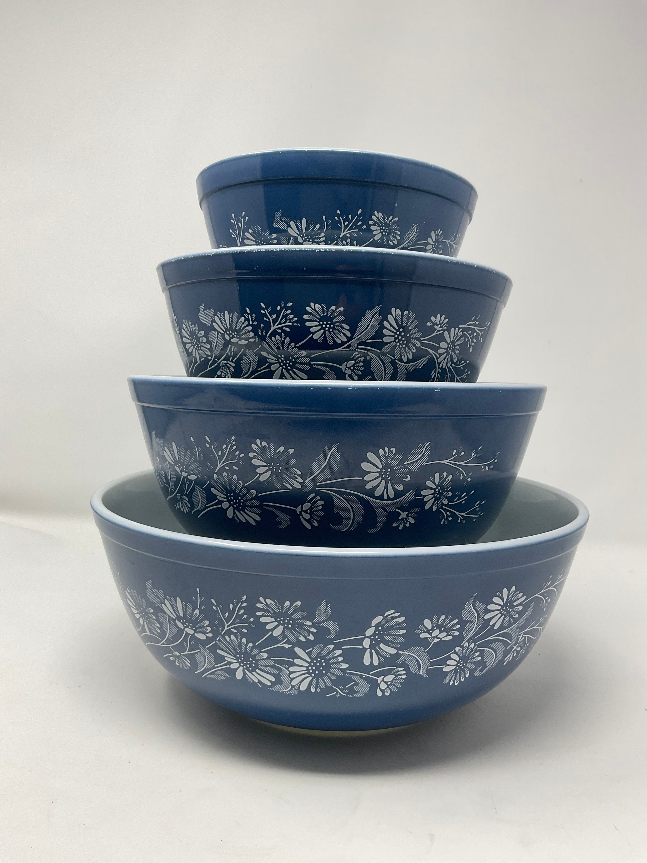 Set of Four Nesting Pyrex Blue Mixing Bowls