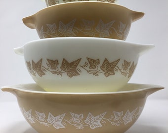 Vintage 1960’s Pyrex Sandalwood Pattern Cinderella Mixing Bowls 444, 443, 442, and 441 Tan and White in Color with an Ivy Pattern