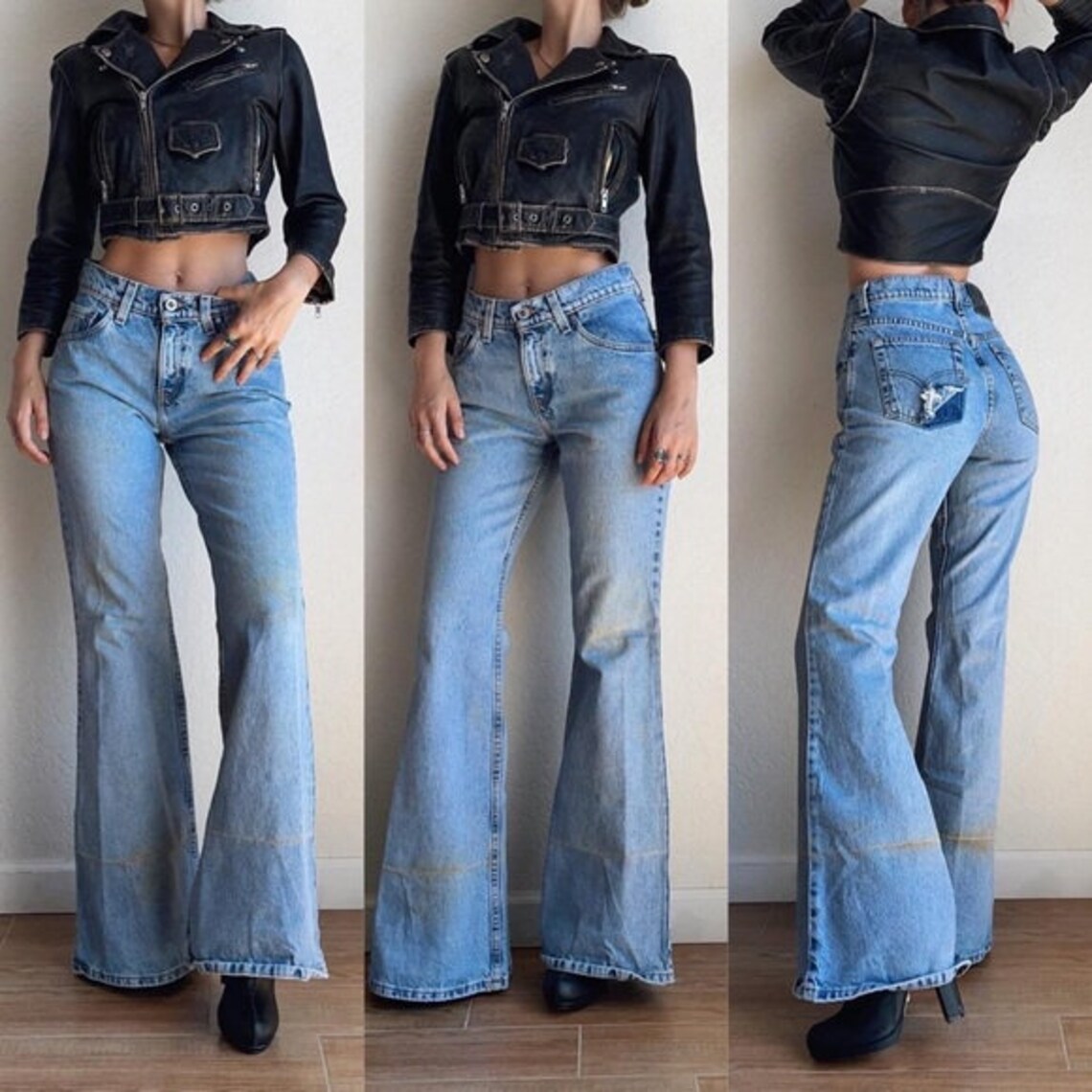Vintage Levis Jeans: Light Wash Bell Bottoms, Distressed Denim, foto 3 di 5