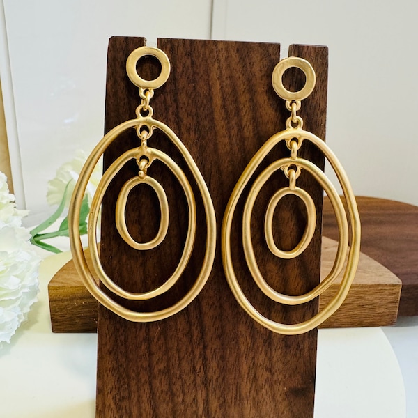 7cm Long Triple Hoop Earrings, Golden Circular Drop Earrings, Large Hoop Earrings, Big Dangle Drop Earrings, Gold Geometric Dangling Jewelry