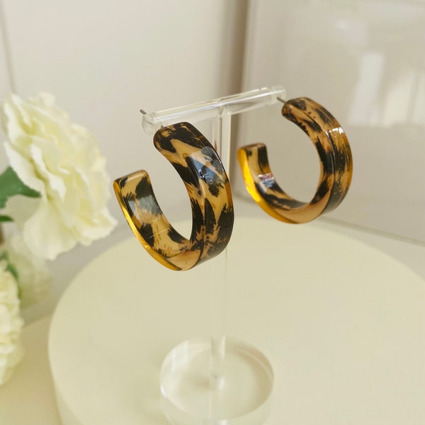 3.8cm Big Animal-print Acrylic Hoop Earrings, Leopard-pattern C-shape Earrings, Vintage Semicircle Hoop Earrings, Minimalist Earring