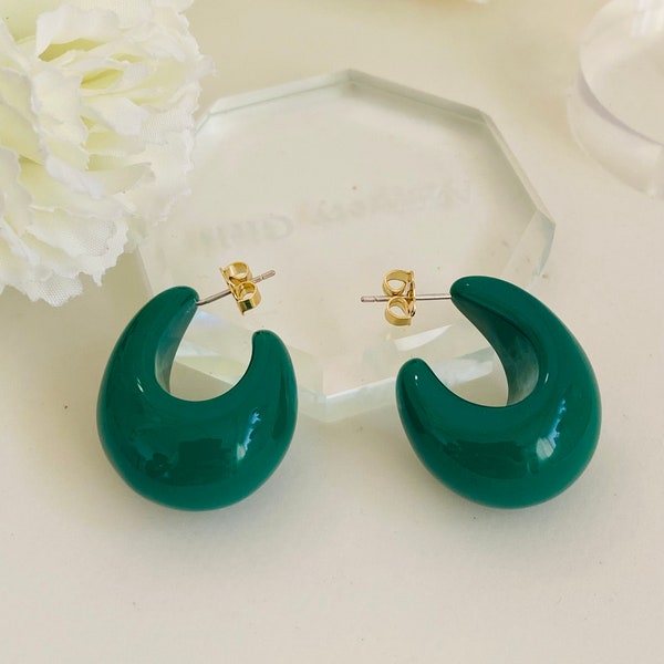 Pure Green Water Drop Resin Studs; Resin earrings; Green Hoop Earrings;