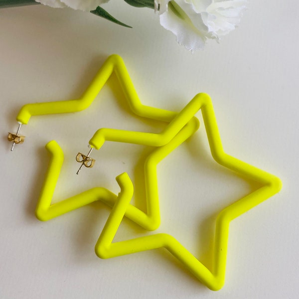 7cm Large Neon Star Hoop Earrings, Colorful Star Hoop Studs, Big Acrylic Hoop Earrings, Statement Star Hoops; Dangling Star Earrings