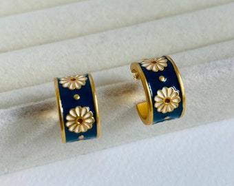 18K Gold Enamel Daisy Earrings, Vintage Flower Enamel Blue Little Daisy Stud Earrings, Cute Round  Hoop Glaze Earrings; Silver Flower Studs