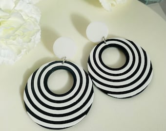 Black and white Stripe Dangling Earrings, Retro Black and White Earrings; Valentine gifts for her, Long Drop Earrings, Dangle Drop Earrings