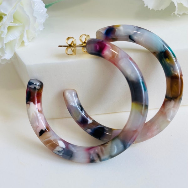 4 cm Extra Chunky Hoop Earrings, Tortoise Shell Hoop Earrings, Acetate Hoop Earrings, Resin Hoop Earrings, Colorful Statement Hoops