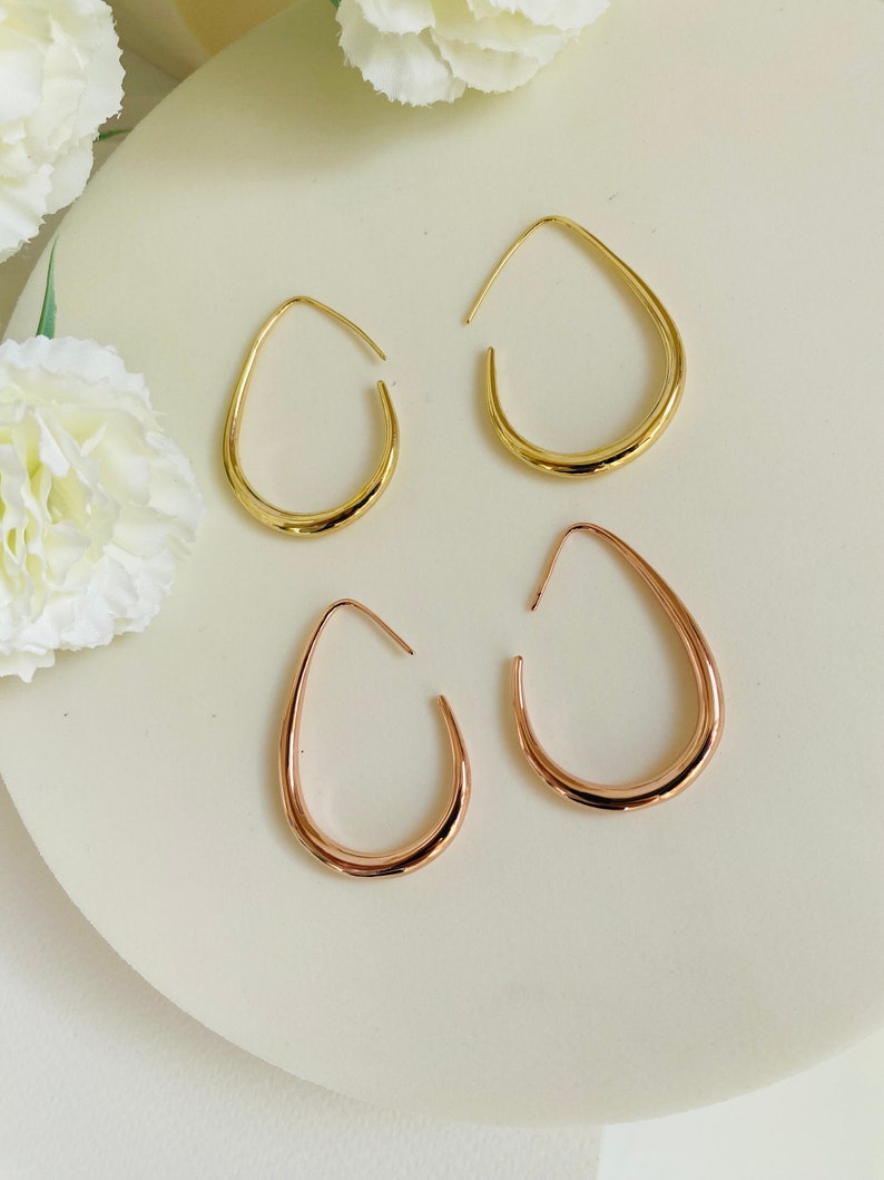 Gold-plated Teardrop hoop Earrings, Mother's day gift, Waterdrop Earrings, Large Oval Earrings, Minimalist Earring, Geometric Earrings image 2