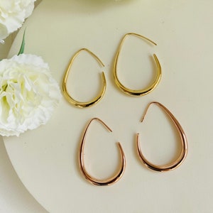 Gold-plated Teardrop hoop Earrings, Mother's day gift, Waterdrop Earrings, Large Oval Earrings, Minimalist Earring, Geometric Earrings image 1