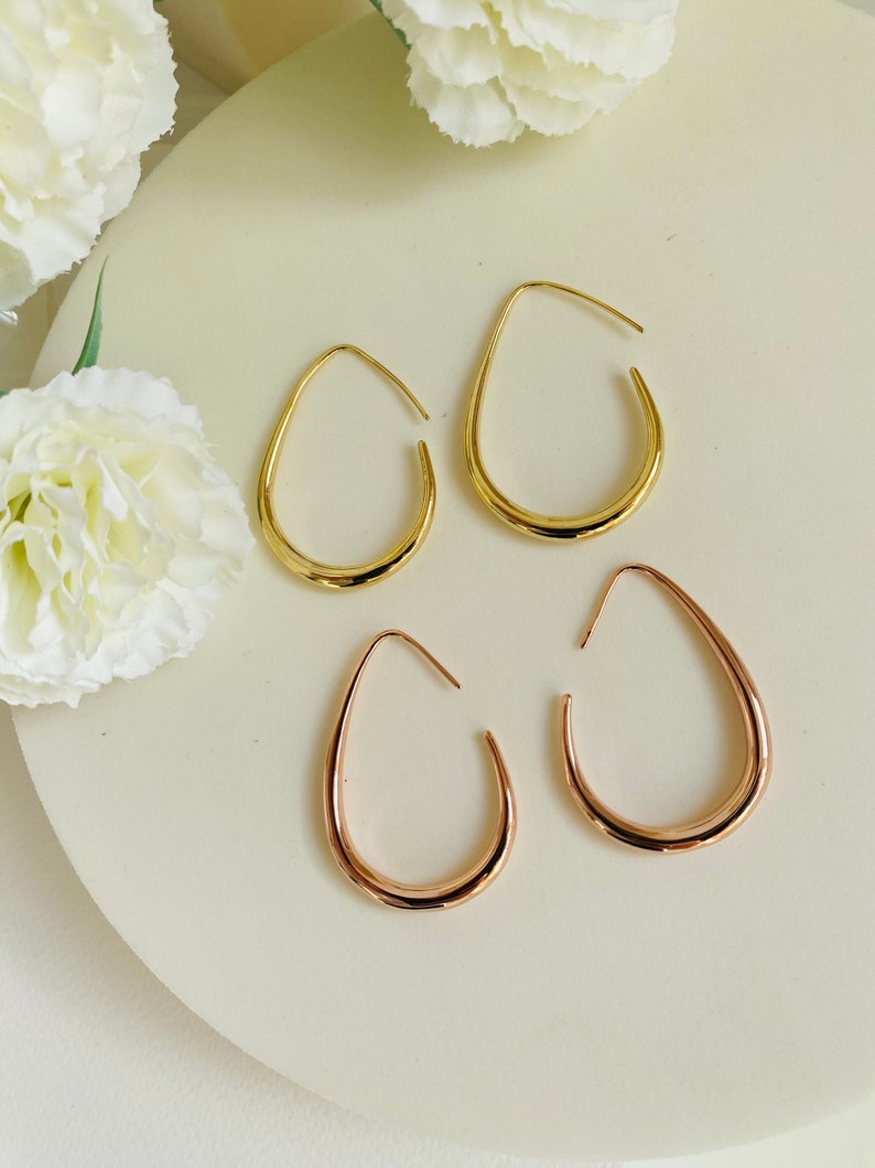 Gold-plated Teardrop hoop Earrings, Mother's day gift, Waterdrop Earrings, Large Oval Earrings, Minimalist Earring, Geometric Earrings image 1