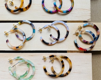 3cm Chunky Hoop Earrings, Tortoise Shell Hoop Earrings, Acetate Hoop Earrings, Resin Hoop Earrings, Lightweight Colorful Statement Hoops