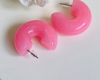 3.5cm Pink Chunky Acrylic Hoop Earrings, Colorful Chunky Hoop Studs, Small Resin Hoop Earrings, Resin Studs, Minimalist Earring