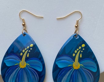 6.5cm Floral Long Drop Earrings, Long Colorful Floral Pending Earrings; Single-sided Boho Flower Drop Earrings, Artisan blue blossom dangles