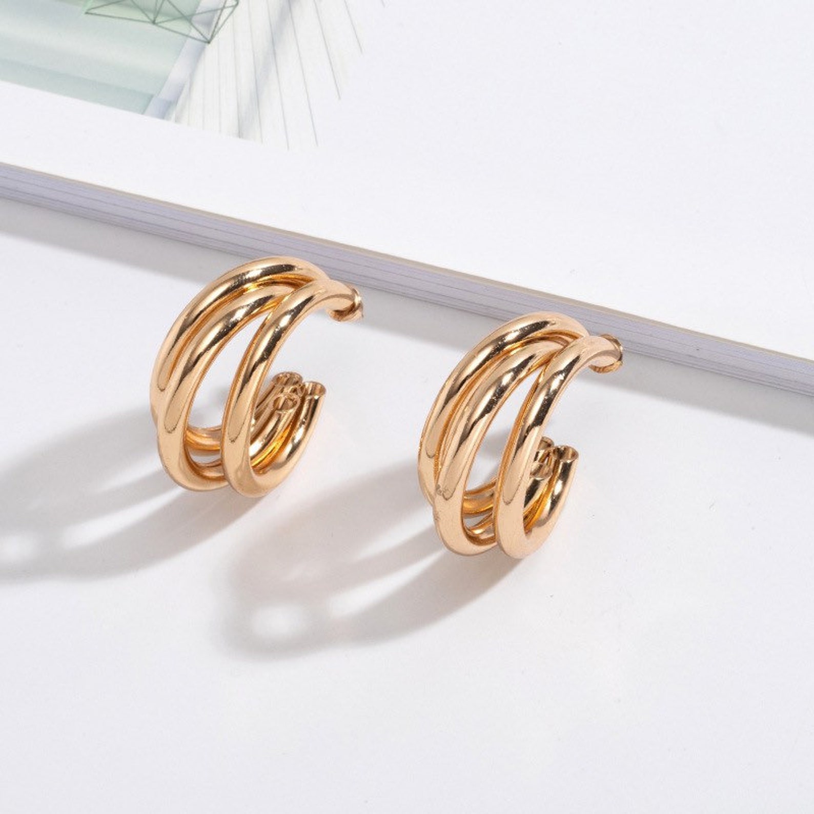 Gold Triple Hoop Earrings main image 1