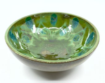 Green peacock feather bowl, wheel thrown ceramic dish, handmade