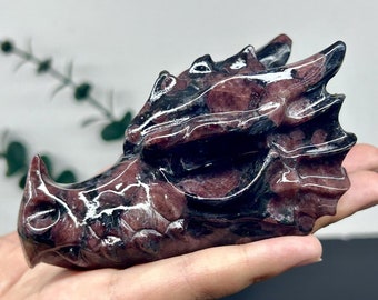3.6" Natural Garnet Dragon，Quartz Crystal Dragon Head Carving,Garnet Dragon，Home Decor，Reiki Healing Figurine，Crystal gifts 1PC