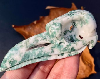 3&quot;+ Natural Moss Agate Carved crow Skull，Quartz Crystal Raven Skull，Crystal Crow，Moss Agate Crow Skull，Reiki Healing，Christmas Gifts 1PC