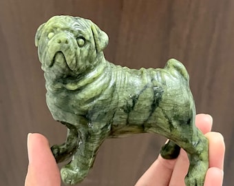 Natural Green jade carved Pug, Green jade Pug, Crystal Pug carving,Crystal dog statue,Reiki Healing Figurine,Crystal Gift ,Green jade Dog