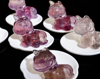 Natural colored fluorite carved unicorn, crystal unicorn statue, crystal horse figurine, pink fluorite unicorn, crystal healing，Crystal Gift