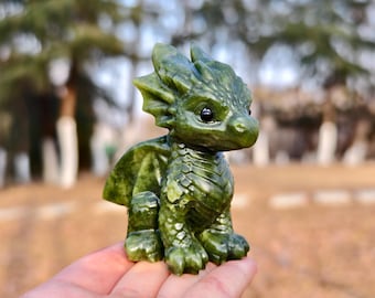 3''Natural Green Jade Carved Dragon, Hand Carved Crystal Dragon Figurine, Healing Crystal Home Decor, Lucky Dragon Statue, Unique Gift