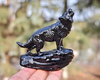 3" Natural Obsidian Carved Wolf,Crystal Carved Wolf,wolf Carving,Wolf Statue，Reiki Healing,Home decoration,Christmas Gifts 1PC